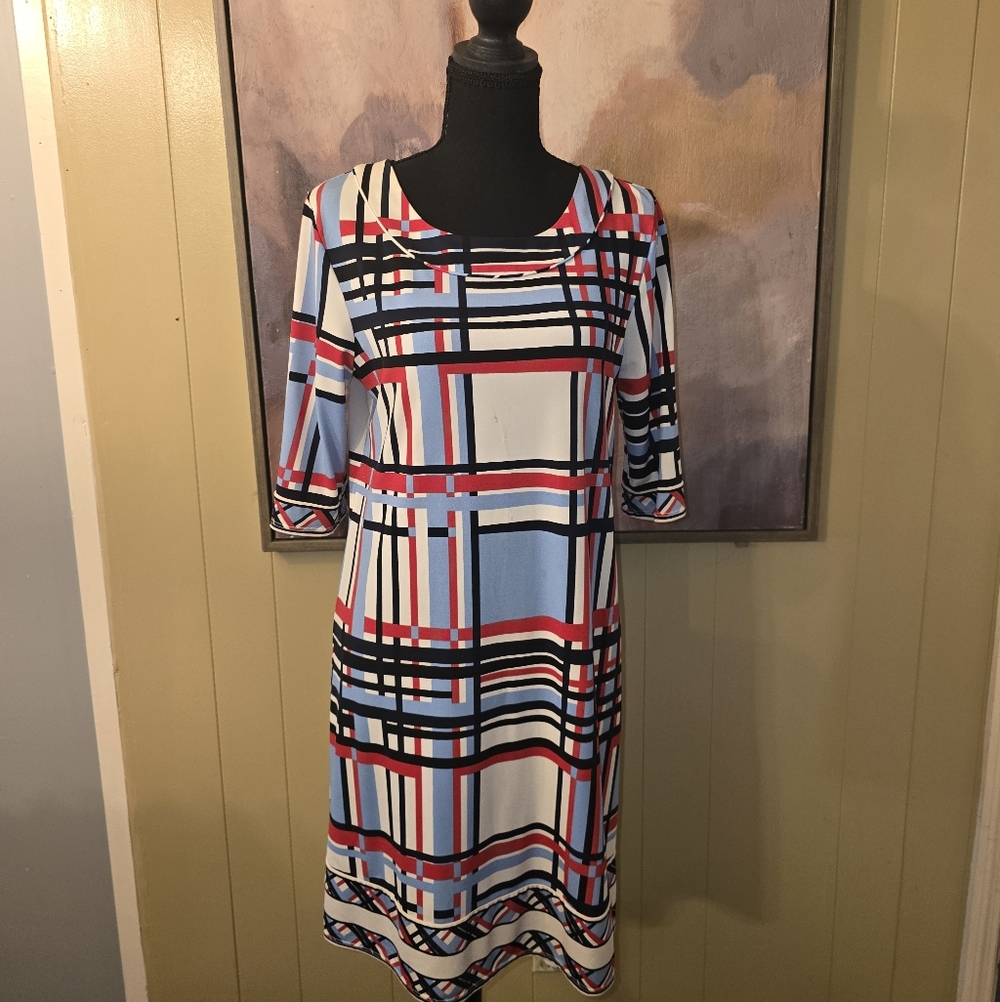 Geometric Plaid Shift Dress in Red, Light Blue, Black and White